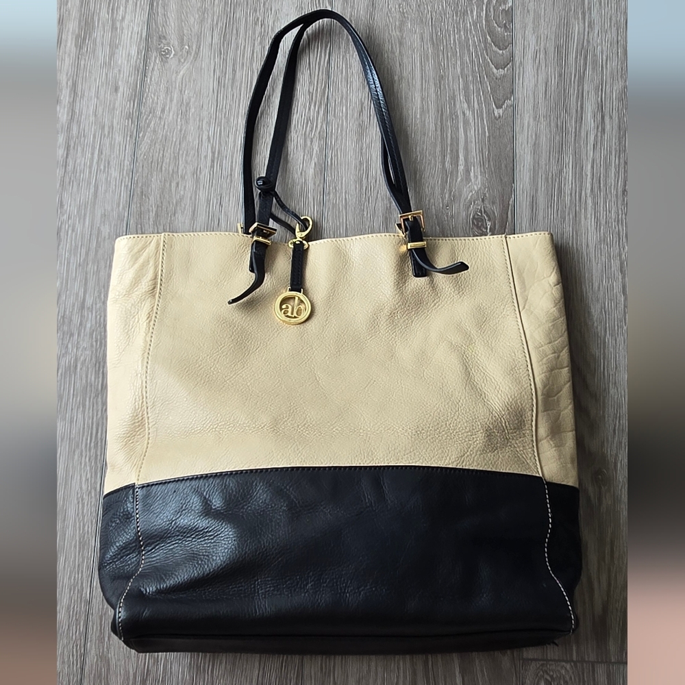 Audrey Brooke Large Two Tone Leather Tote Bag Tan Black Colorblock Gold Charm